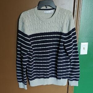 Nautica Men's Navy and Light Gray Cable-Striped Crewneck Sweater - L